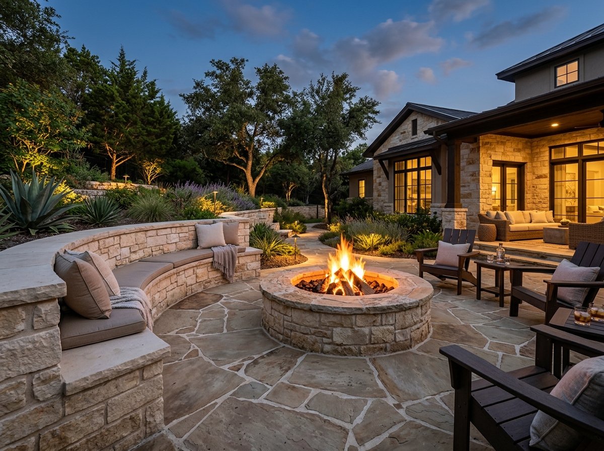 Natural flagstone patio with circular fire pit and curved seating wall
