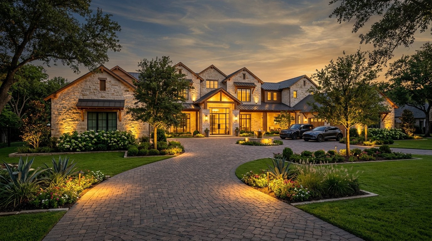 Luxury Texas estate hardscape and interlocking paver driveway by Quintana Stone