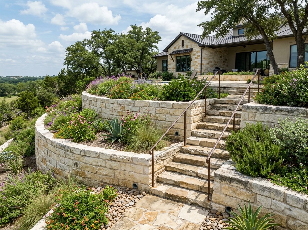 Multi-tier Austin limestone retaining wall with integrated stone steps